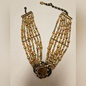 Michal Negrin Multistrand Beaded Necklace With Floral Pendant Uranium Glass